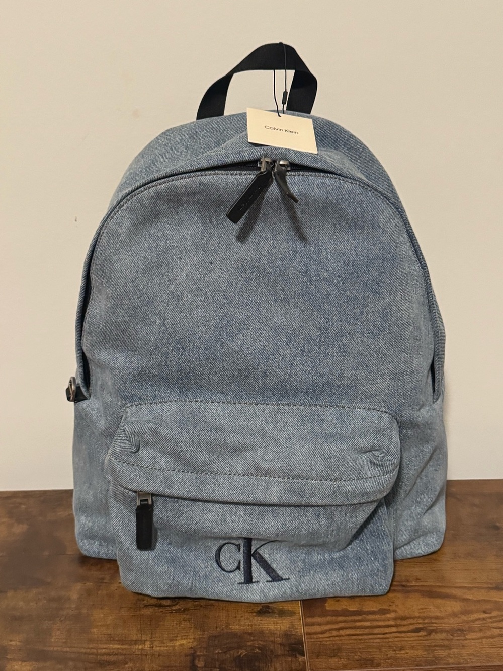 Calvin Klein light blue denim backpack with CK patch Brand New